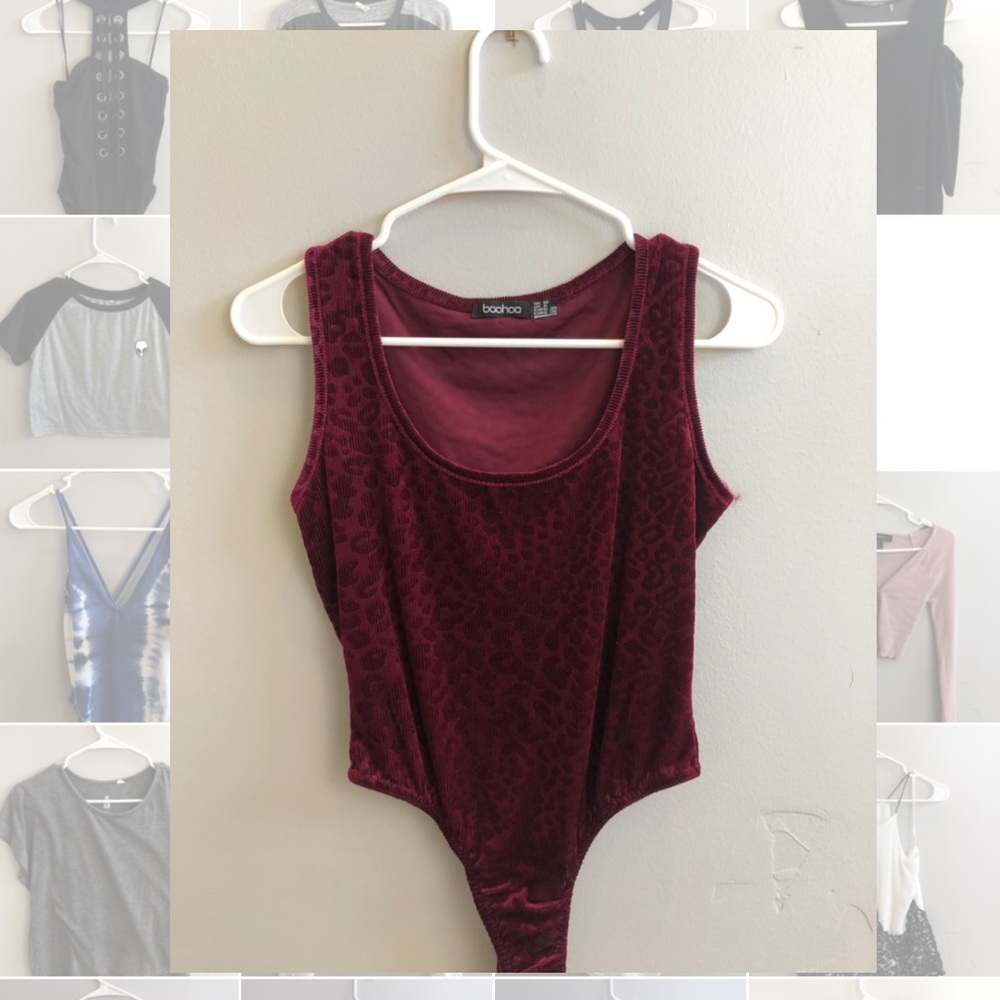 Boohoo maroon velvet leopard bodysuit